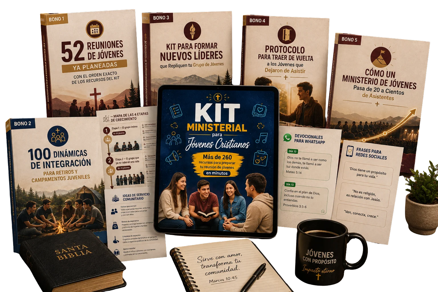 Mockup completo del Kit Ministerial para Jóvenes Cristianos con los 5 bonos incluidos