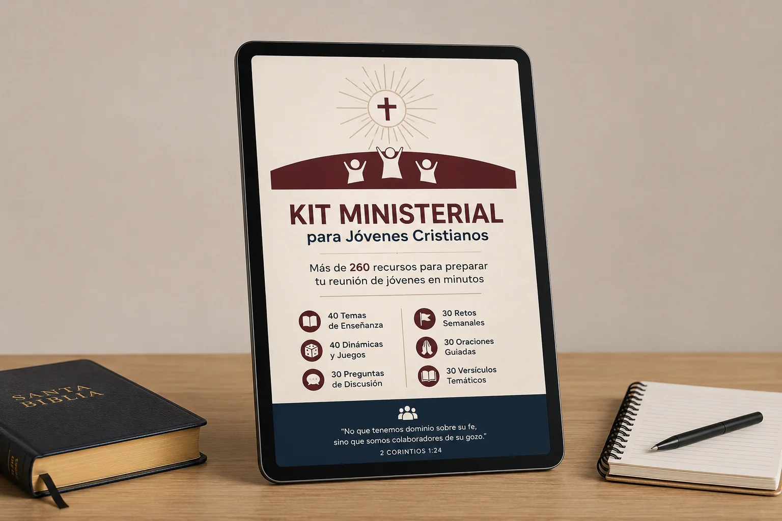 Kit Ministerial básico para Jóvenes mostrado en una tableta junto a una Biblia y un cuaderno