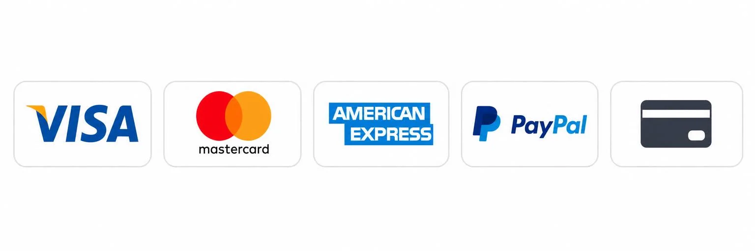Métodos de pago aceptados: Visa, Mastercard, American Express, PayPal y tarjeta de crédito